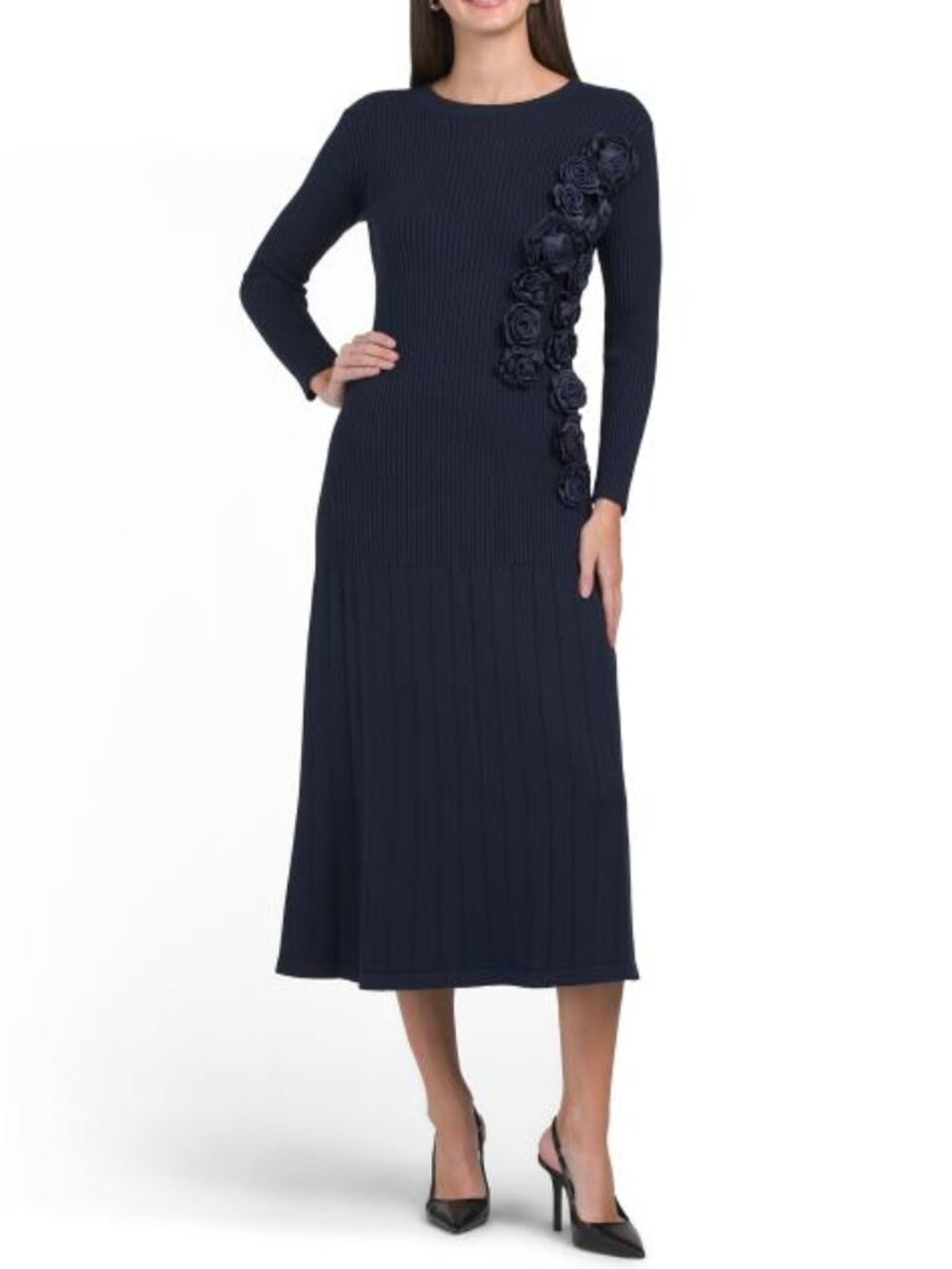 DALIA MACPHEE Long Sleeve 3d Floral Applique Sweater Dress